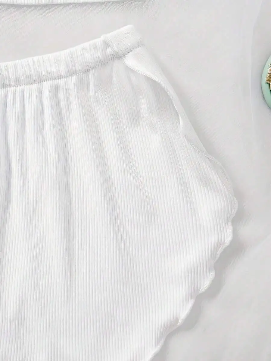 Womens Comfortable Sleepwear Set Spaghetti Strap Top Ruffle Hem Shorts Loungewear