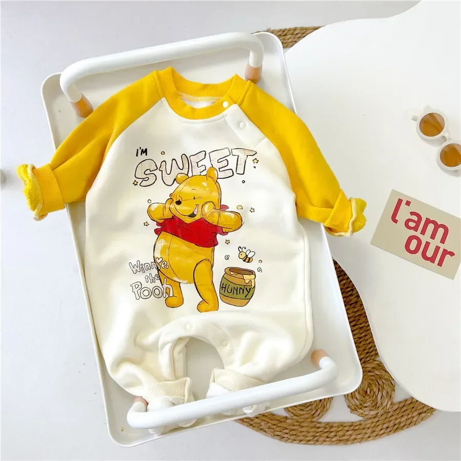 2025 Disney Winnie The Pooh New Winter Plus Cashmere Clothing Honey Bear Cute Onesie for Babies 3-6-9-12 Outing Clothes