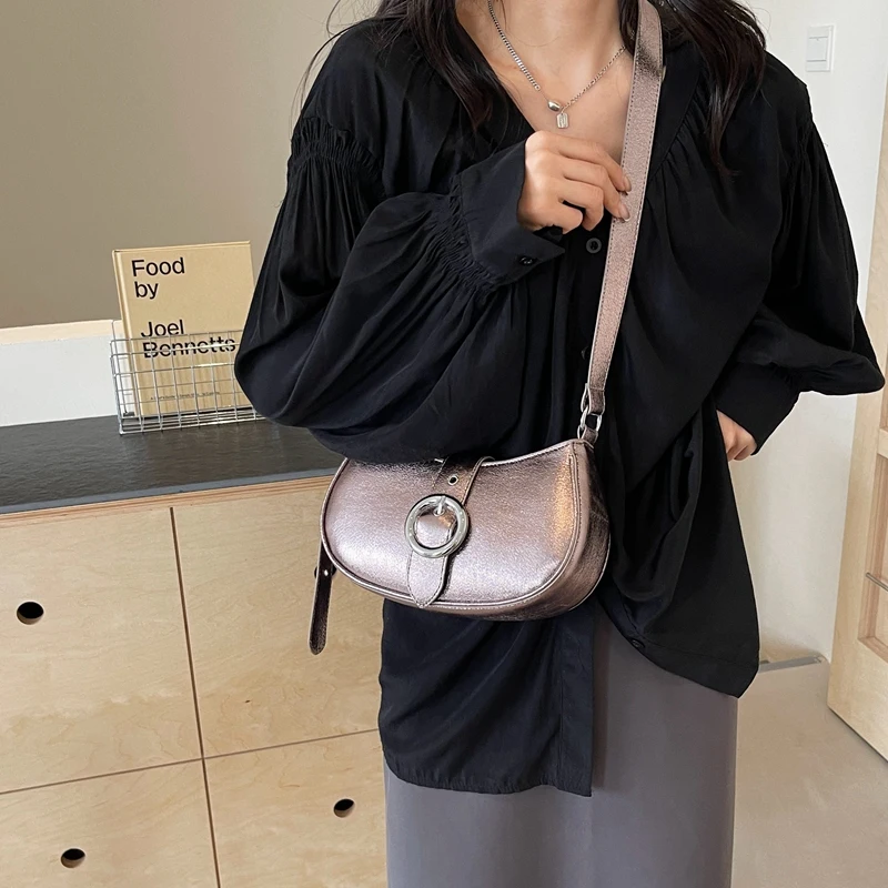 Silver Shoulder Bags For Women 2024 Summer Y2K Small PU Leather Luxury Brand Females Handbags And Purses Crossbody Saddle Bag