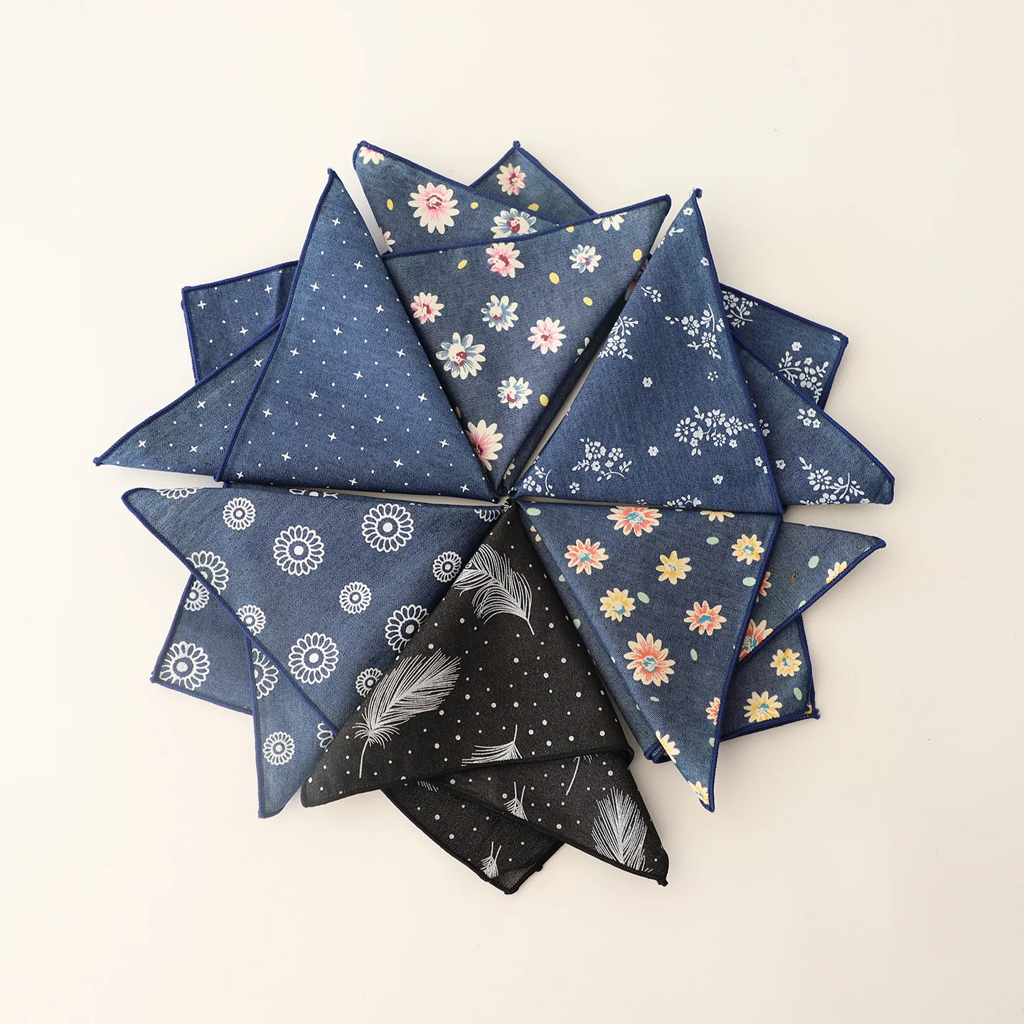 New 23cm Mens Pocket Square Denim Blue Handkercheif Floral Dots Printed Hanky Preppy Chic Shirt Accessories Cotton Square Towel