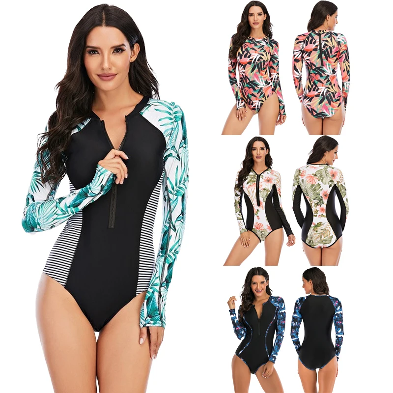 

One Piece Swimsuit 2022 women Sexy Long Sleeve Print Surf Swimwear Bathing Beach Wear Swimmin Monokini Bodysuit