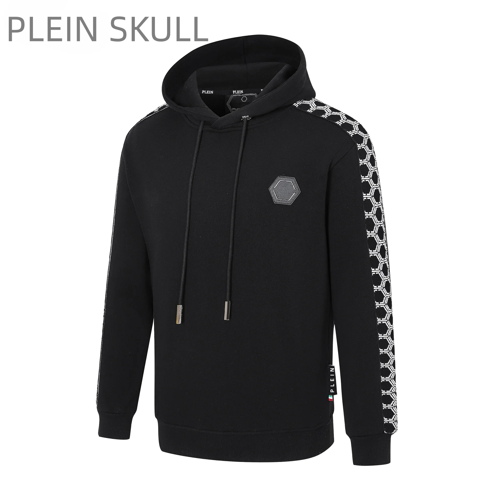 Plein Skull Men's Black Solid Color Hoodie Pullover Side Geometric Stripe Sleeve Casual Long Sleeve Hooded Sweatshirtirt