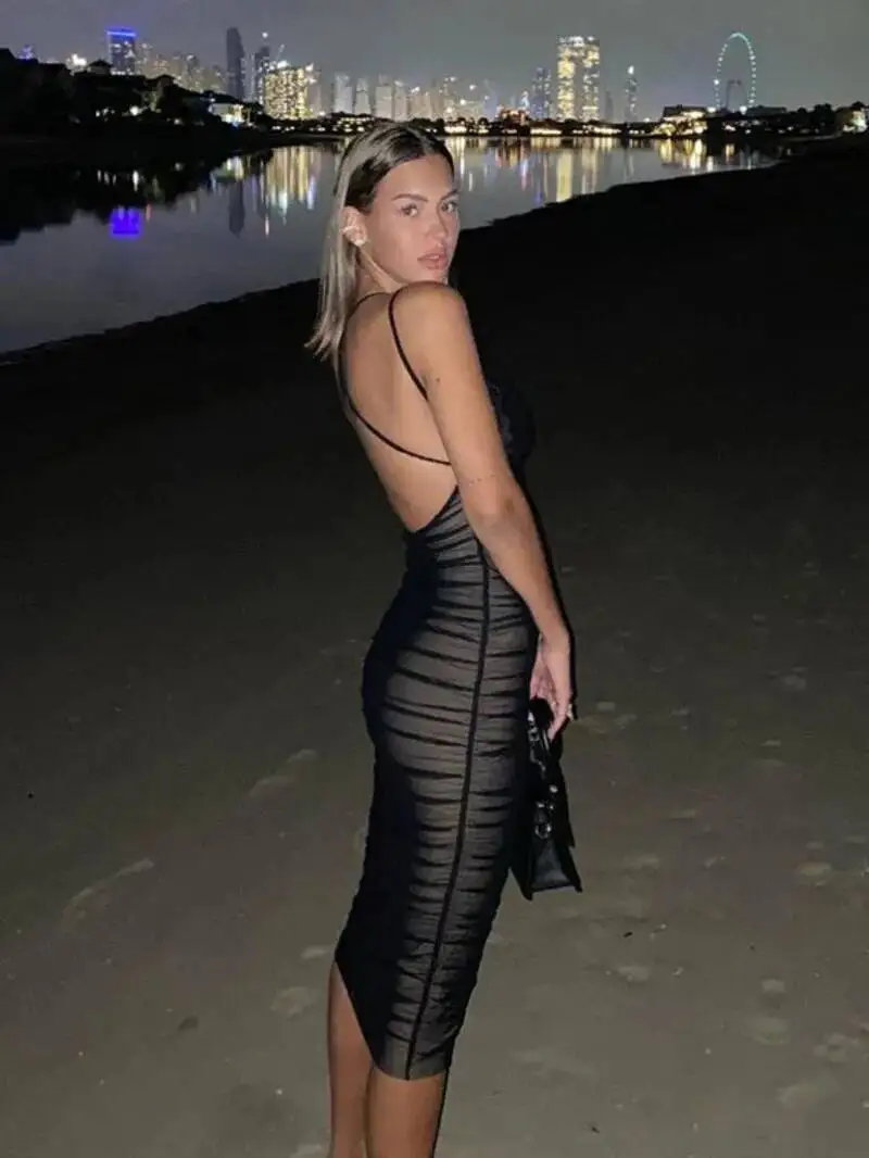 Verão feminino vestido de verão profundo decote em v dupla camada sem costas vestido de festa estilo praia baile tendência elegante roupas de férias