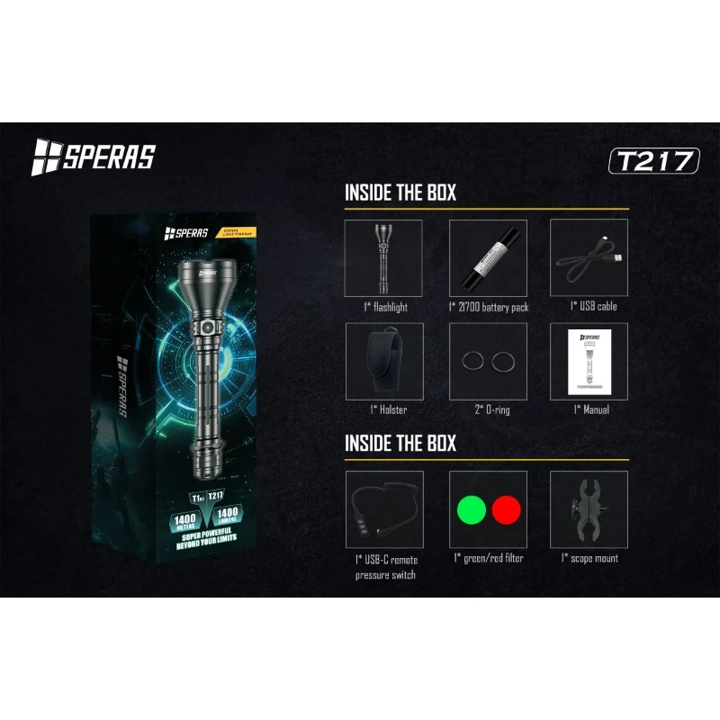 Lanterna de caça com bateria SPERAS T217 21700 1400lm 1400m Lanternas de pesquisa