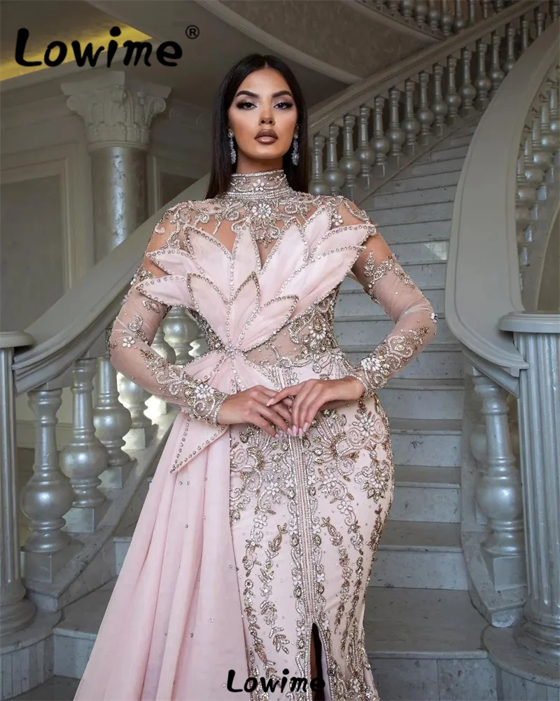 Lowime Pink Long Sleeves Full Crystal Rhinestone Luxury Arabic Evening Dresses Mermaid Party Gowns For Weddings Prom Dress Robes