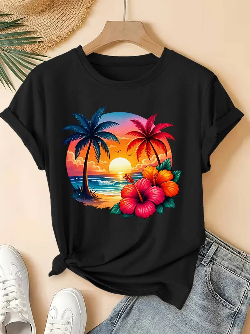 Women Summer Short Sleeve T-shirt Tropical Palm Tree Hibiscus Sunset Beach Graphic Tee Casual Loose Crew Neck Ladies Tops