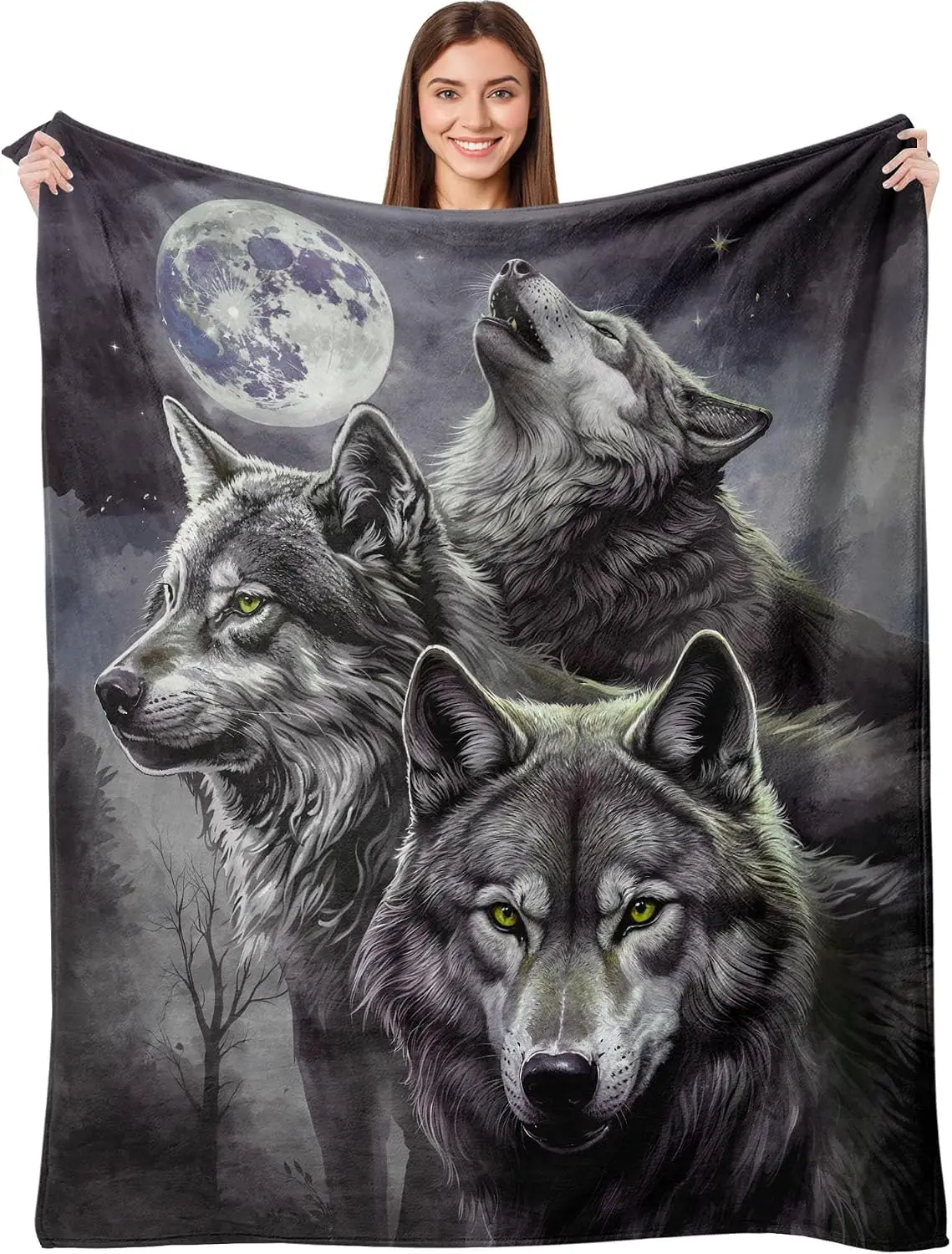 Three Grey Wolf Green Eyes Full Moon Flannel Throw Blanket Soft Warm Cover For Sofa Bedroom Dorm Wild Decor Wolf Pattern Gift