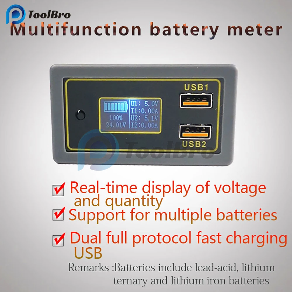 QC3.0 Dual USB Lead-acid Lithium Battery Capacity Tester DC 6-30V 12V 24V 18650 Battery Level Indicator Voltmeter Ammeter