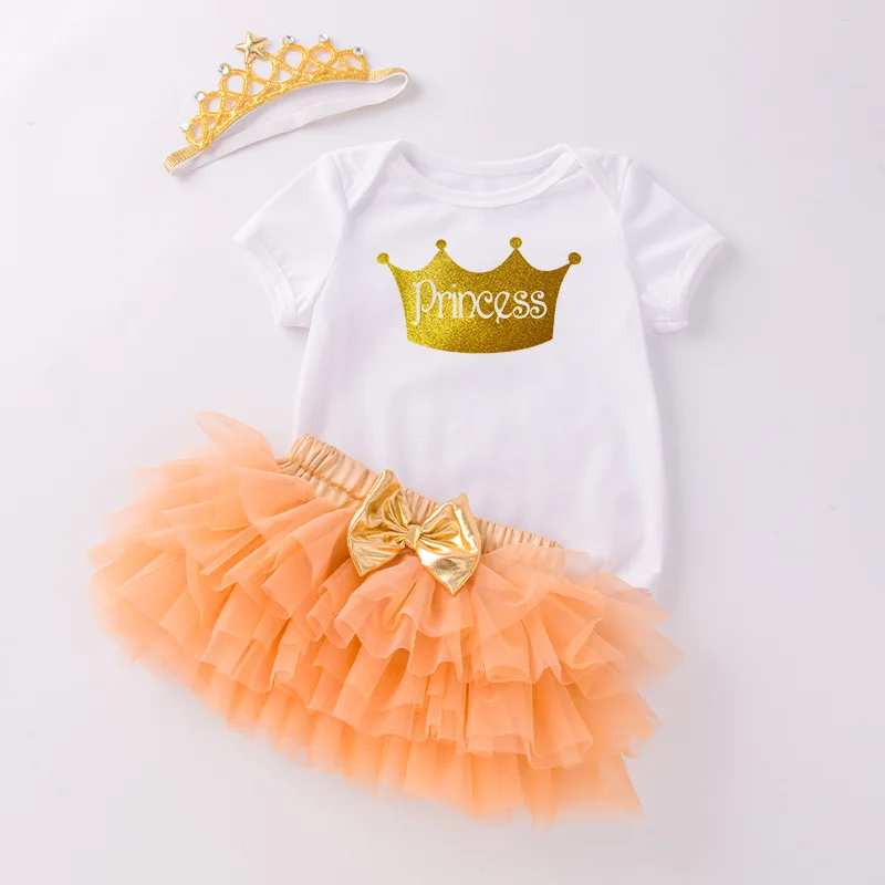 

Summer Baby First Birthday Outfit Infant Set Short Sleeve Letter Print Romper Princess Dress Hair Accessories3Set