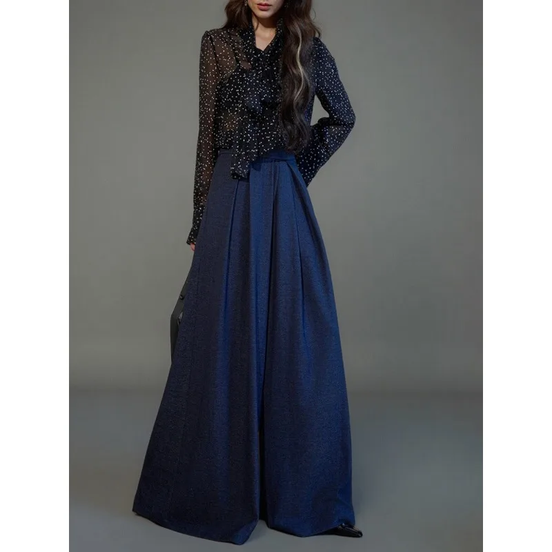 Modische, hohe, bodenlange Freizeithose mit weitem Bein für Damen mit verstellbarem Taillenumfang und lockerer Temperamenthose