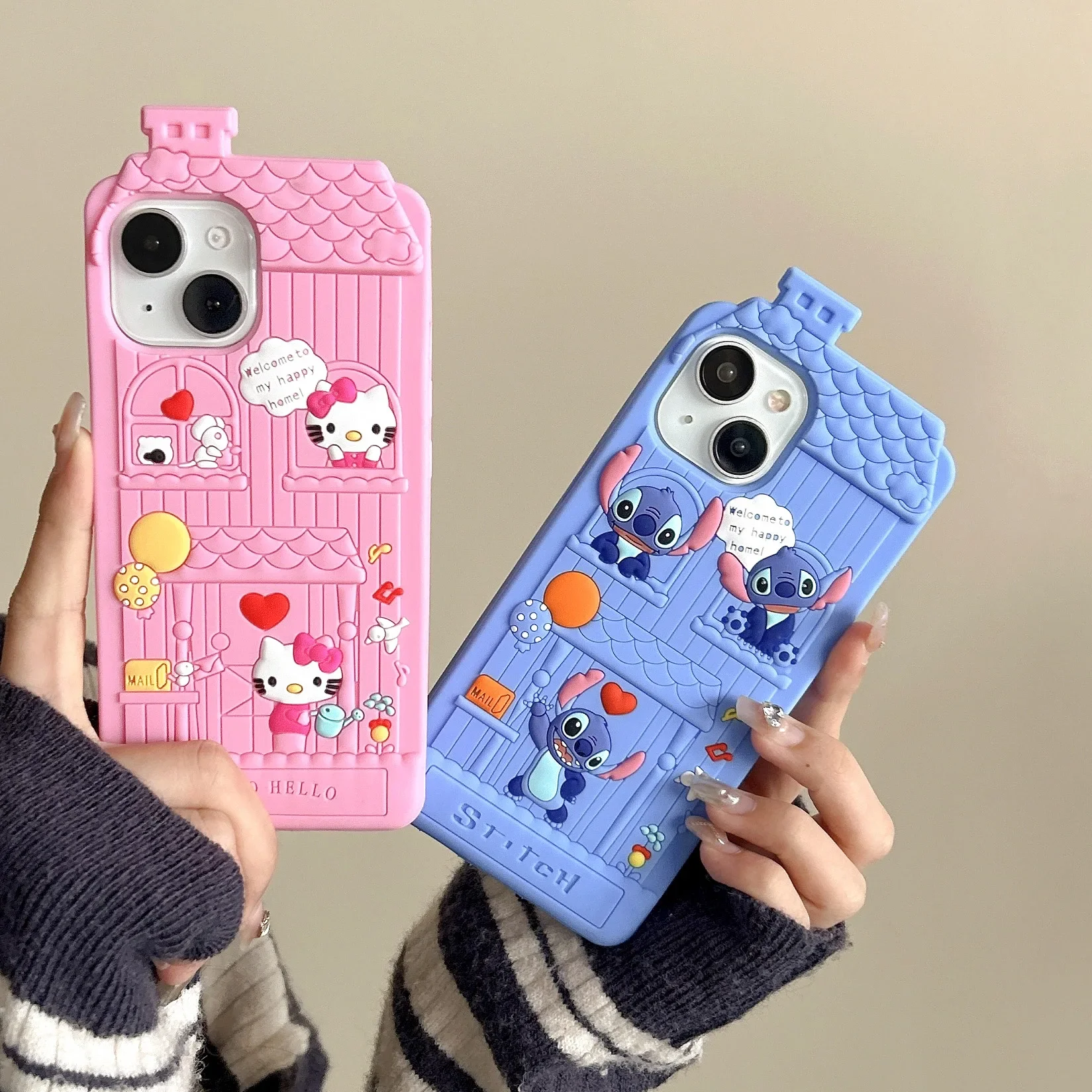 3D Kawaii Stitch Castle House Silicone Phone Case For iPhone 13 11 14 15 Pro Max 12 Cartoon Soft Silicone Soft Case Cover