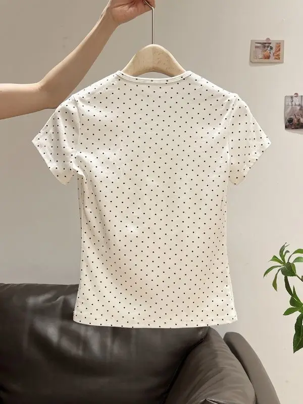 Czysta Bawełna Koreańskie Słodkie Urocze Koszulki w Białe Kropki Zabawny Nadruk \"I Like It\" Unikalne T-shirty Y2K Młodzieżowe Damskie Lata 2000 Retro Letnia Koszulka