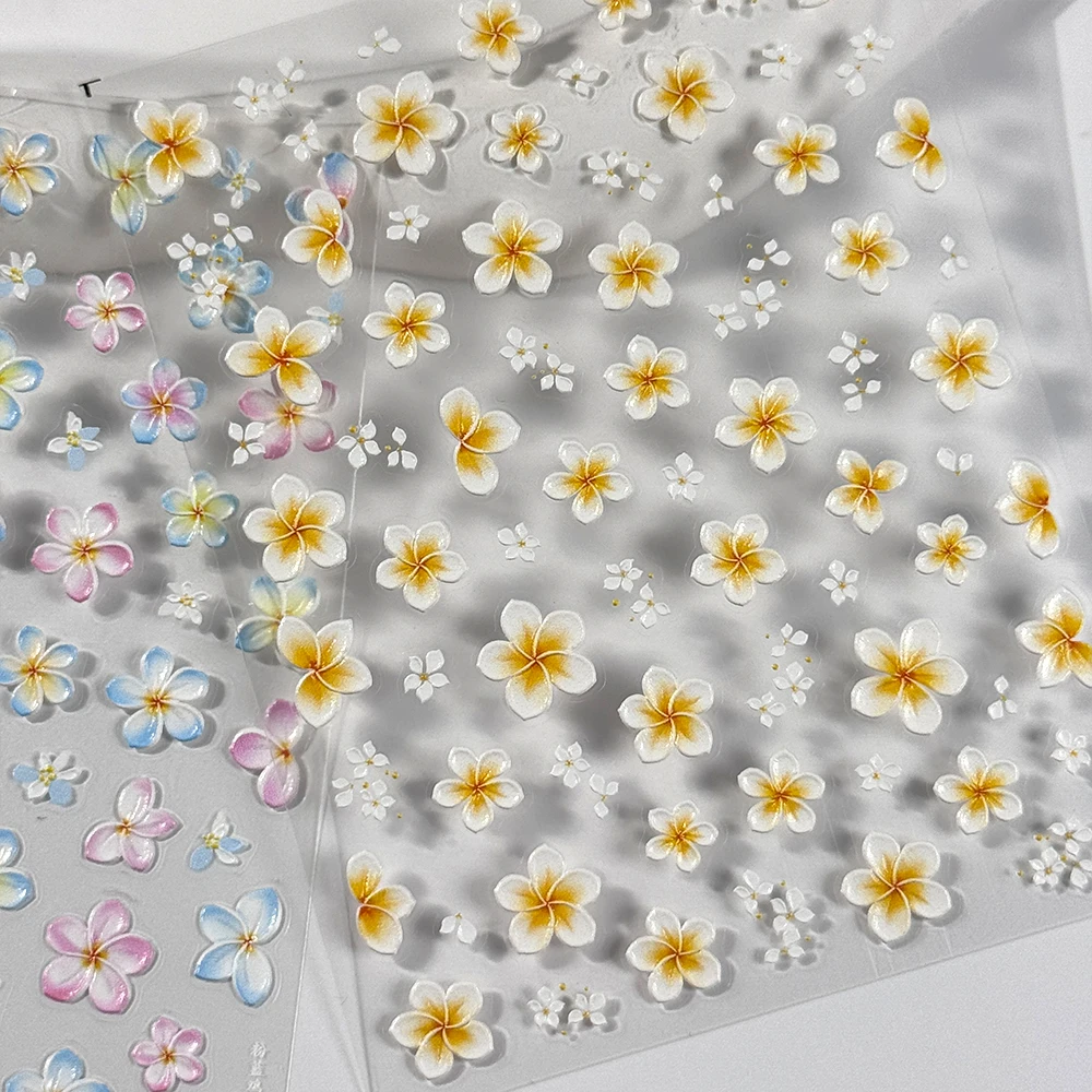 5D Embossed Frangipani Flower Nail Art Sticker Yellow White Gradient Five-Petal Floral Nail Decal Spring Vibrant Flower Nail Dec 6