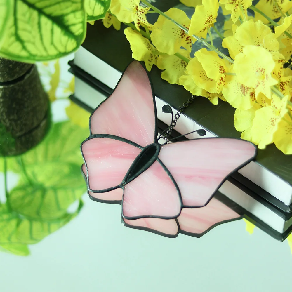 New Stained Glass Window Catcher Handicraft Window Pendant Home Decoration Pink Butterfly Inlay Customization