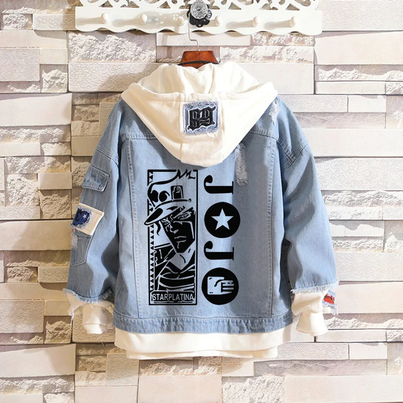 New Anime Men Women Prait JOJO Bizarre Adventure Denim Jacket Queen Fake Two-piece Thin Retro Denim Jacket Spring Autumn Tops