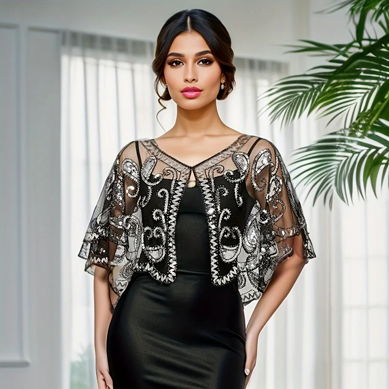 

1920Vintage Sequin Shawl，Embroidered Lace Trim - Breathable Non-Stretch Polyester Women's Cape | Suitable for parties and evenin