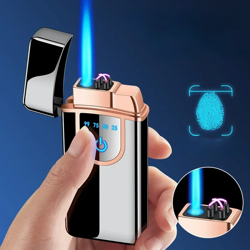 Touch-sensitive Gas-electric Hybrid Windproof Lighter, Battery Display, Butane Gas, Metal Cigarette Lighter for Business Men