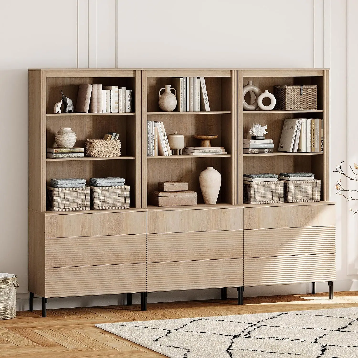 71.5" 3PCS Tall Bookcases with 9 Drawers, 9 Tiers Fluted Bookshelf