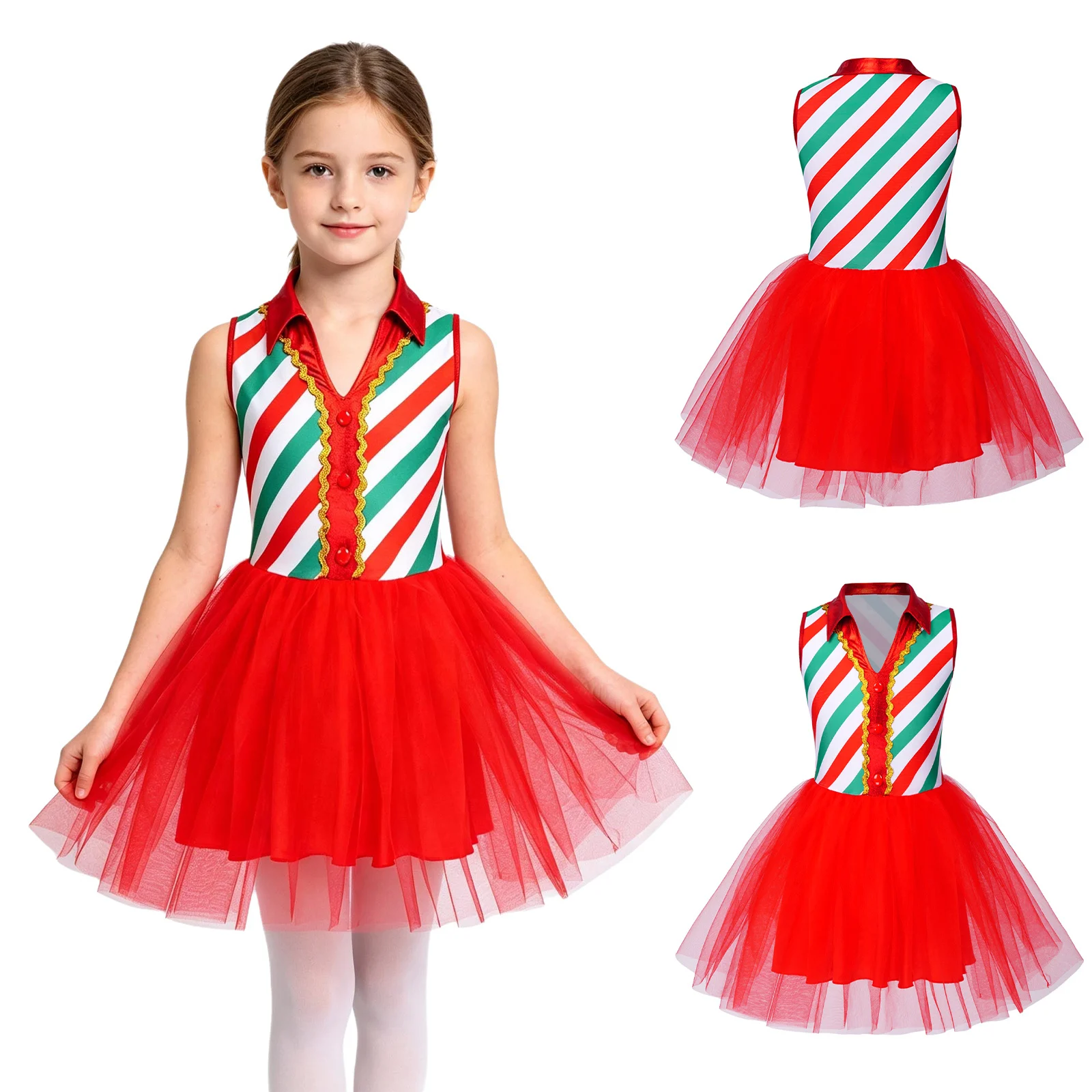 Kids Girls Christmas Ballet Dance Dress Metallic Sleeveles Candy Cane Stripe Tutu Leotard Skating Twirling Tulle Dress Costume