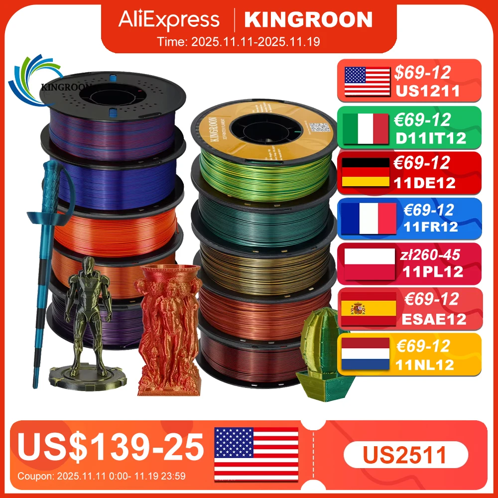 เส้นใย PLA สองสี KINGROON Silk สำหรับเครื่องพิมพ์ 3 มิติ ขนาด 1.75 มม. น้ำหนัก 11/22 ปอนด์ เส้นใย PLA ผ้าไหม วัสดุพลาสติกสำหรับการพิมพ์ 3 มิติ สีพิเศษ