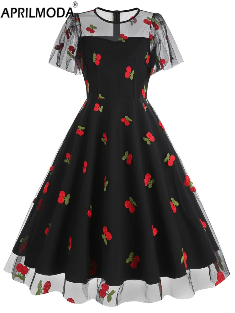 2025 Sweet Strawberry Embroidery Vintage Short Evening Dress Flare Sleeve  Black Pink High Waist Cocktail Pleated Prom Dresses - AliExpress 200000345