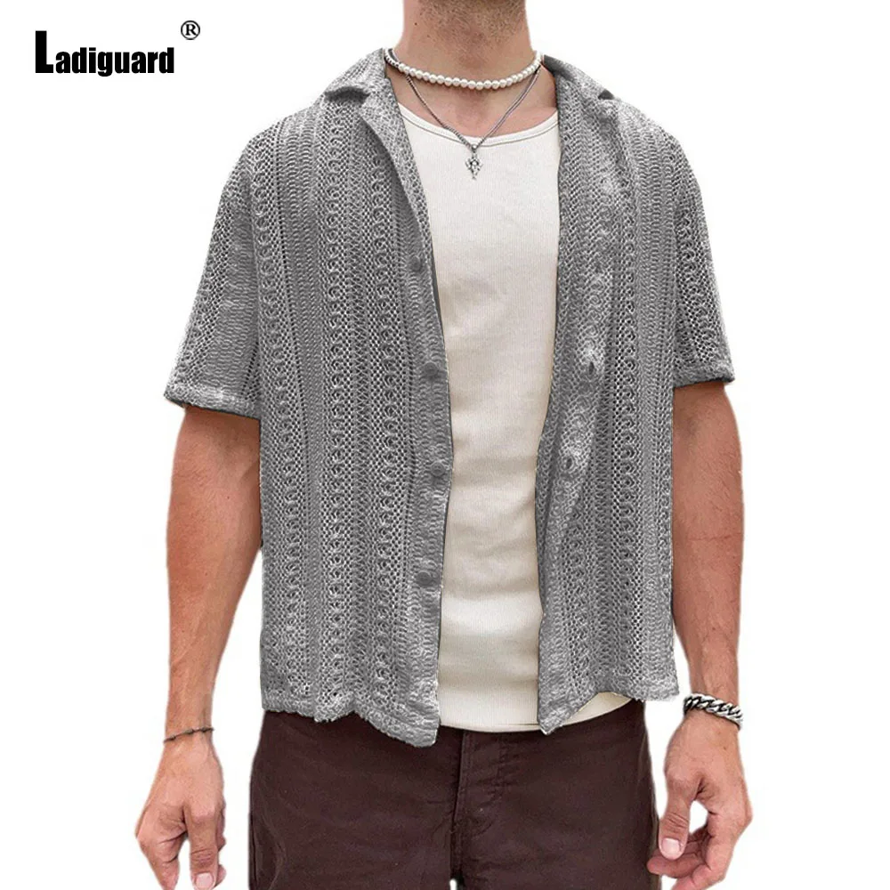 Europe 2024 Summer New Knitting Blouse Solid White Hollow Out Shirt Camisa Mens Casual Beach Top Cardigans Lepal Collar Knitwear