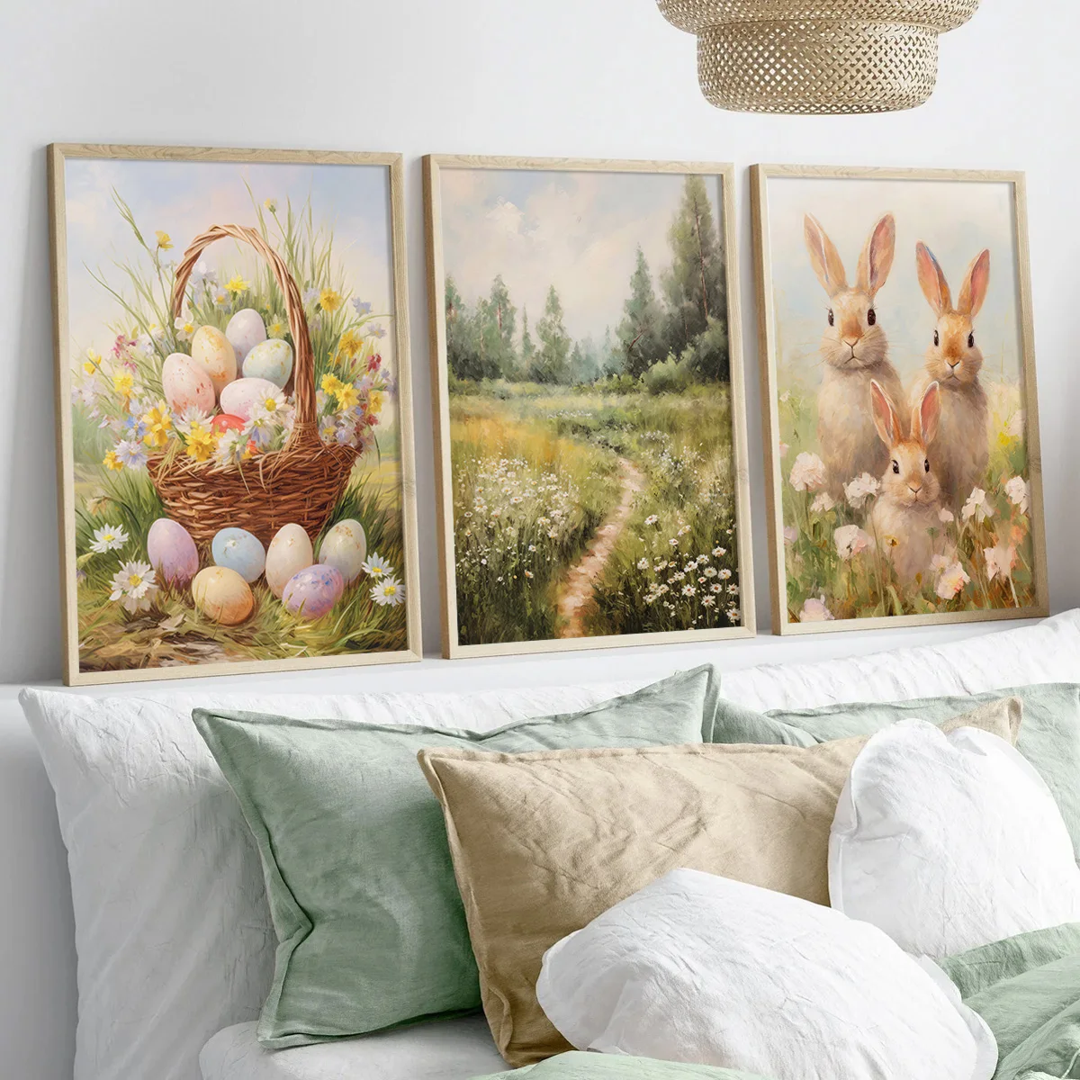 

3pcs/Set Easter Spring Rabbit Flower Mural Print, Wildflower Vintage Landscape Painting Farm Mural Decoration Nursery Home Decor