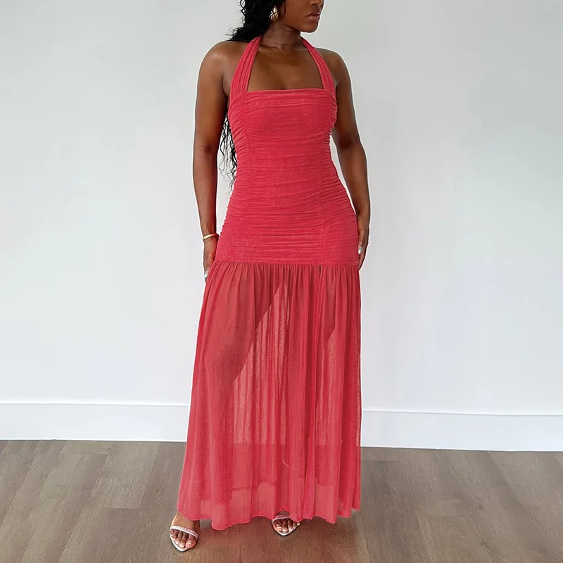 Vestido largo ajustado fruncido de malla transparente para mujer, vestido Sexy sin tirantes con cordones y cuello Halter y espalda descubierta, vestido largo ajustado para fiesta, ropa para discoteca