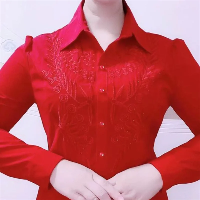High-End Hot Stamping Shirt 2025 Spring Autumn New Chinese Style Embroidered Mom Outfit Versatile Slim Ladies Shirt Blouse