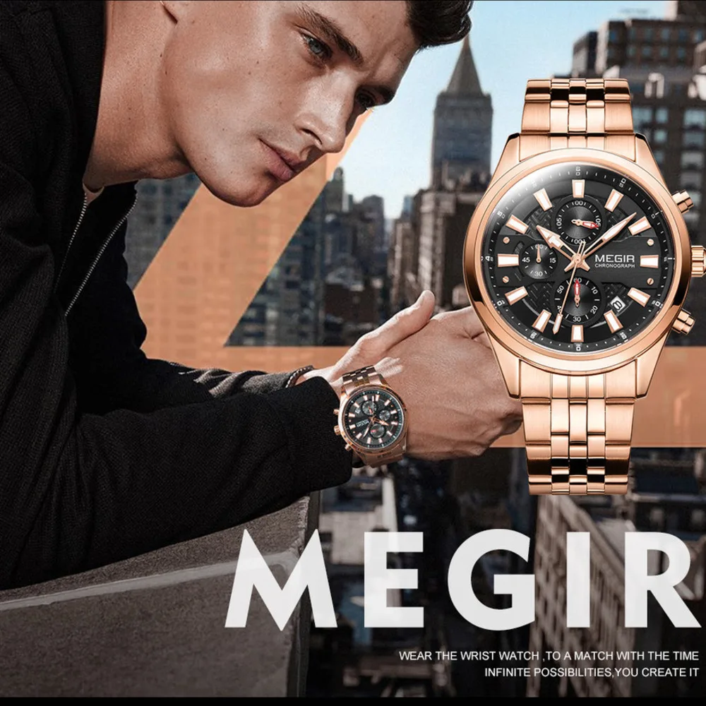 

MEGIR Fashion Mens Watch Business Stainless Steel Quartz Wristwatch Calendar Luminous Chronograph Watch Men Relogios Masculino