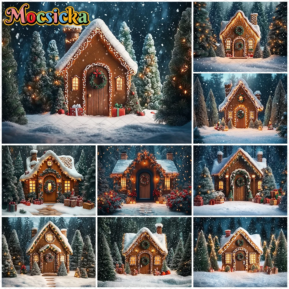 

Mocsicka Christmas House Backdrop Photography Winter Snowflake Xmas Tree Door Decor Family Holiday Party Photo Background Banner