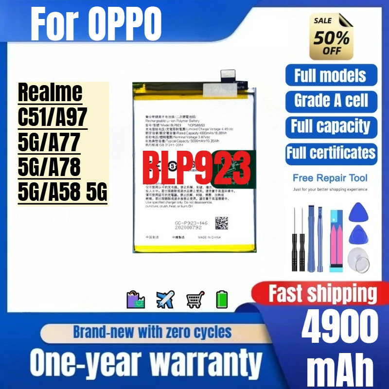BLP923 for OPPO Realme C51/A97 5G/A77 5G/A78 5G/A58 5G Phone Battery High Quality High Capacity Replacement Bateria with Tools