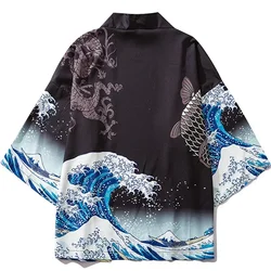 Black Kimono Cardigan Women Men Japanese Obi Male Yukata Men's Haori Japanese Wave Carp Print Coat Traditional Japan Clothing