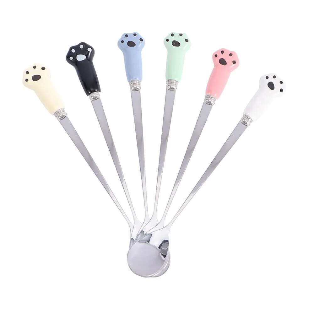 New Ceramic Handle Coffee Spoon Stainless Steel Cat Paw Long Handled Ice Spoon Tea Spoon