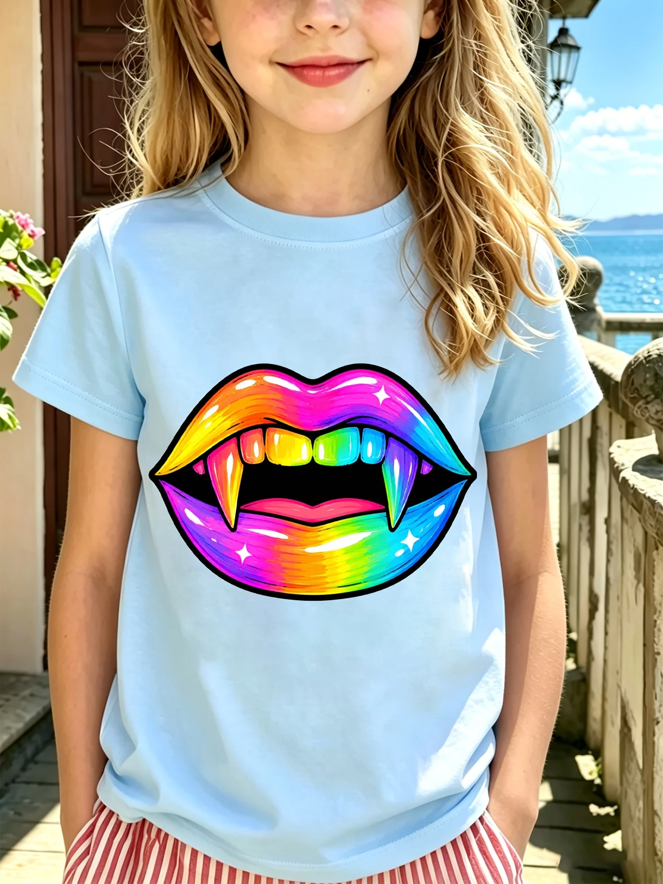 Rainbow Vampire Fangs Lips Kids Tee Colorful Horror Mouth Graphic Print Boys Girls Matching Cotton Short Sleeve Children Tshirt