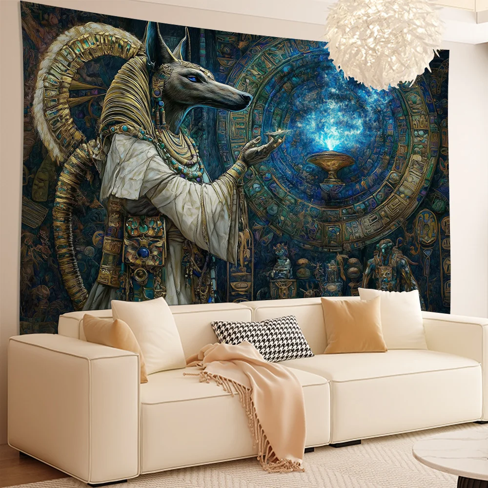 Egyptian God Anubis Tapestry, Mythology Art with Hieroglyphics, Spiritual Wall Hanging for Living Room Bedroom Decor