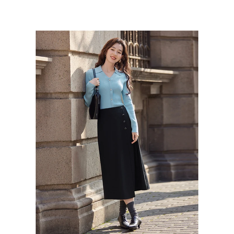 INMAN Women Skirt 2023 Autumn High Waist A-shaped Irregular Design French Commuting Elegant Coffee Black Mid-length Skirt