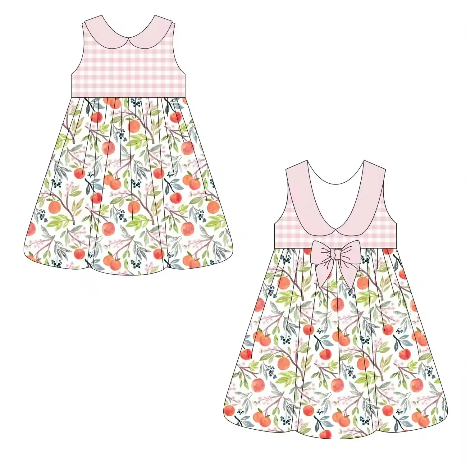 New Summer Boutique Sleeveless Button Peach Print Pocket Shorts Elastic Girls Boys Plaid Shorts Set Baby Romper Dress