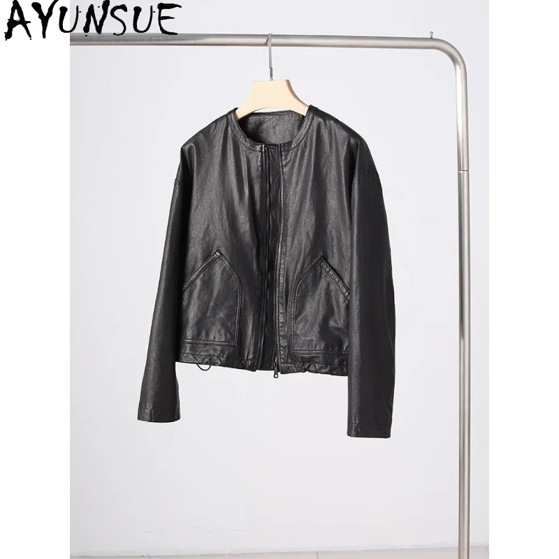 AYUNSUE Real Leather Black Jackets for Woman Short O-neck Sheepskin Jacket Woman Luxury Commute Outerwears Woman Clothes 가죽자켓