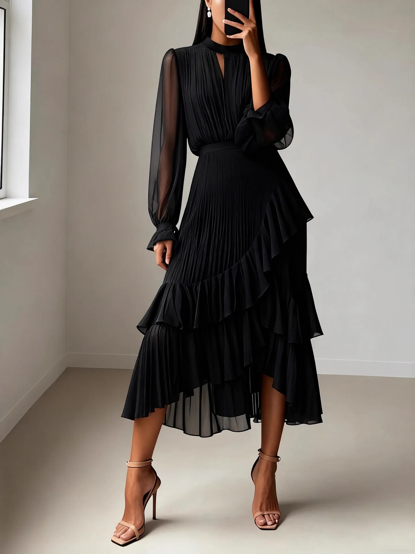 Ele Deep Blue Pure Color Midi Dr with Pleats And Lace Hemline Lady's Faionable European Sle Long Sve Dr