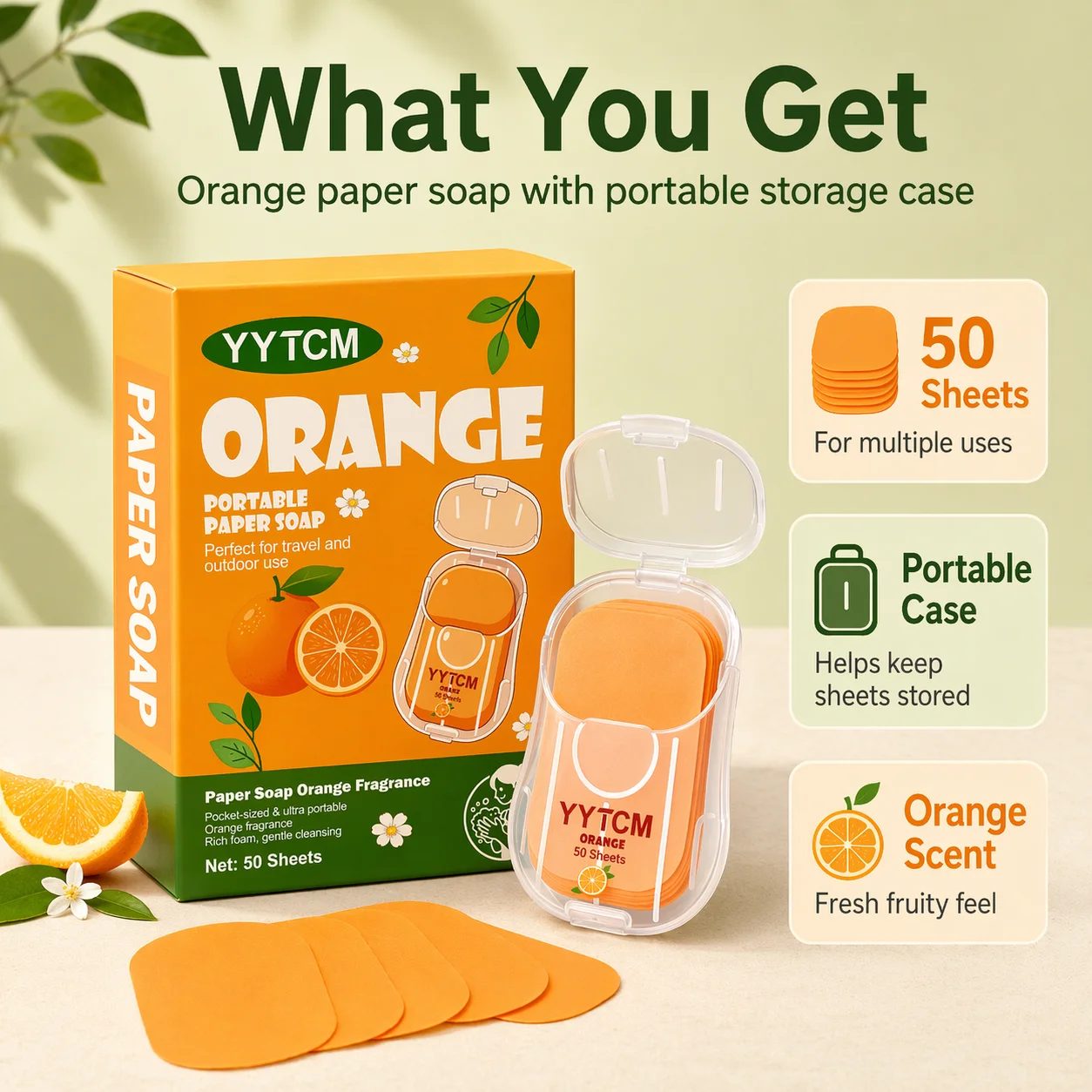 YYTCM Orange Scent Portable Paper Soap 50 Pieces Disposable Hand Washing Paper Soap for Travel Outdoor Cleaning