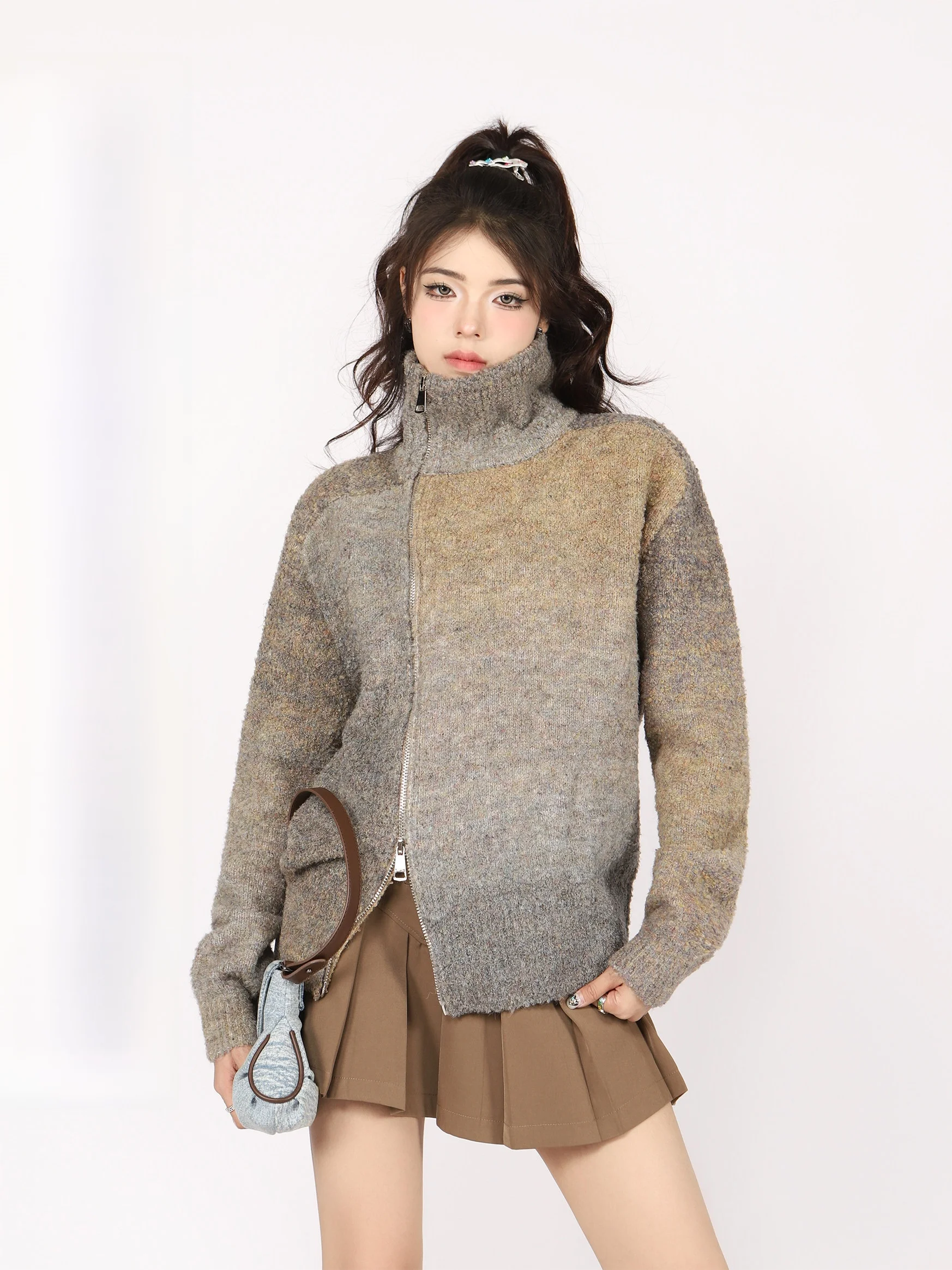 

Американский ретро-кардиган с высоким воротником и двойной молнией, асимметричный, женский, осенне-зимний, свободный, на пуговицах, верхняя одежда