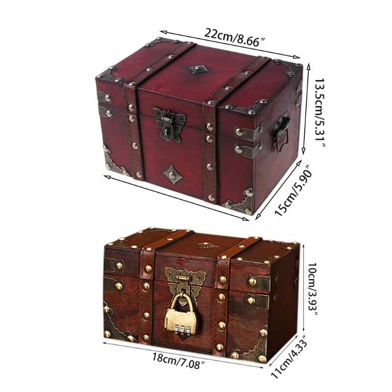 Pirate Treasure Chest with Lock Wooden Pirate Vintage Treasure Box Antique Color Jewelry Coin Storage Box Gifts For Children