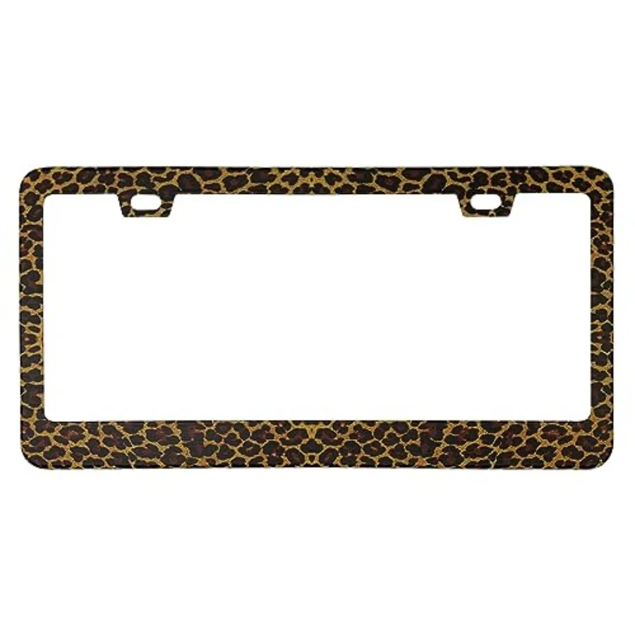 

Brown and Black Leopard Cheetah Print License Plate Frame Cover, Matte White Powder Coated Stainless Steel, Animal Print Auto C