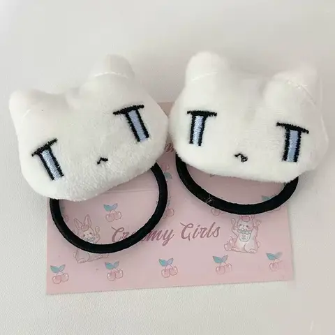 Japanese Anime Cat Hair Tie Cute Plush Crying Kitty Elastic Ponytail Holder Soft Kawaii Hair Accessories for Women Girls Cartoon