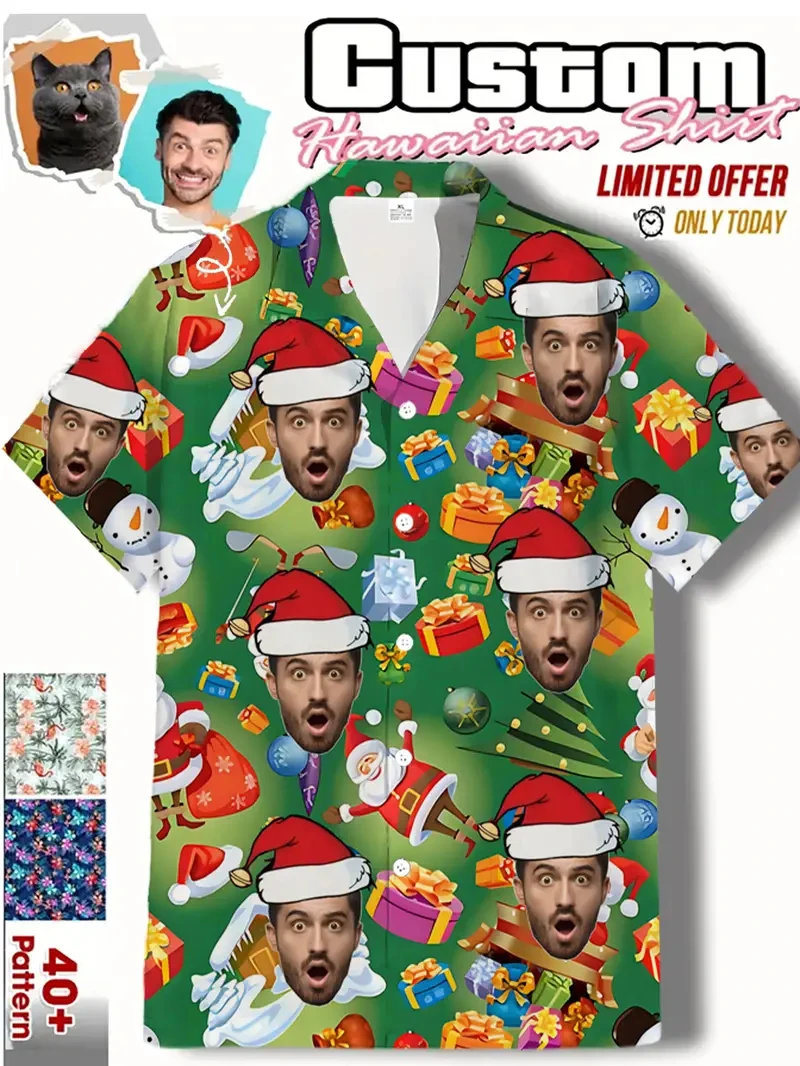 

Рождественские рубашки 2025 года, унисекс, с 3D принтом, персонализированные мужские рождественские рубашки с забавным лицом, женские блузки с короткими рукавами и лацканами, топы