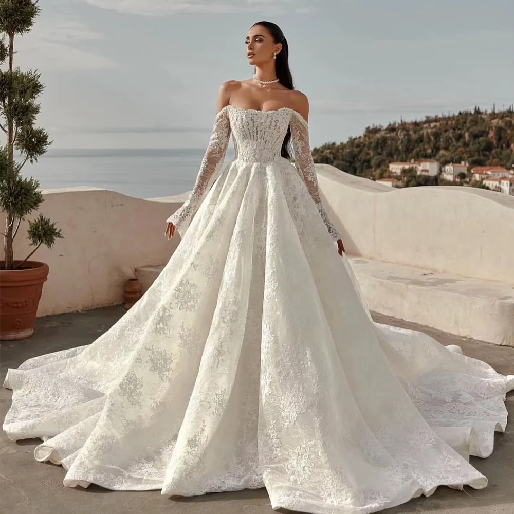 فستان زفاف دانتيل مخصص للنساء كم طويل Estilo Princesa Elegantes أبيض مفصل فستان زفاف Abiti