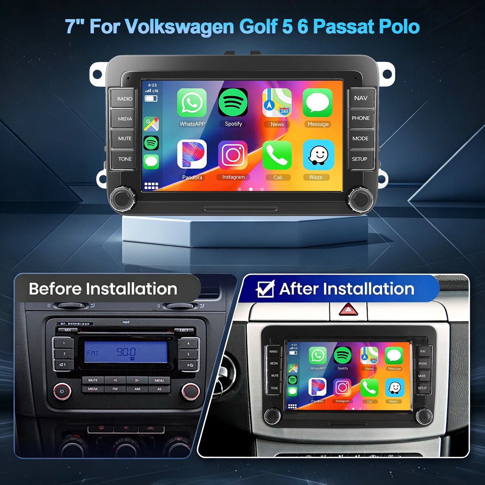 ESSGOO 7" Android15 2+64G/ 4+64G Für Seat/Skoda/VW Golf 5 6 Passat Polo Touran Tiguan Rabbit Sharan Caddy EOS T5 Autoradio mit Wireless Carplay Android Auto GPS NAVI RDS FM WIFI Bluetooth AI Sprachsteuerung Mirror Link SWC IPS Touchscreen Multimedia-Player – Detail 8