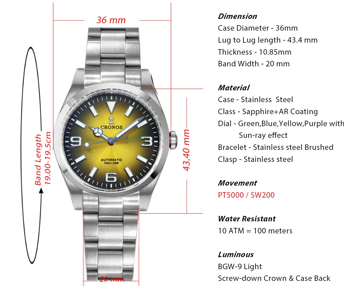 Cronos EX Mechanical Men Watch 36mm PT5000 Miyota90S5 AutomaticSapphire Glass Bushed Bracelet 10ATM L6032M - Image 3
