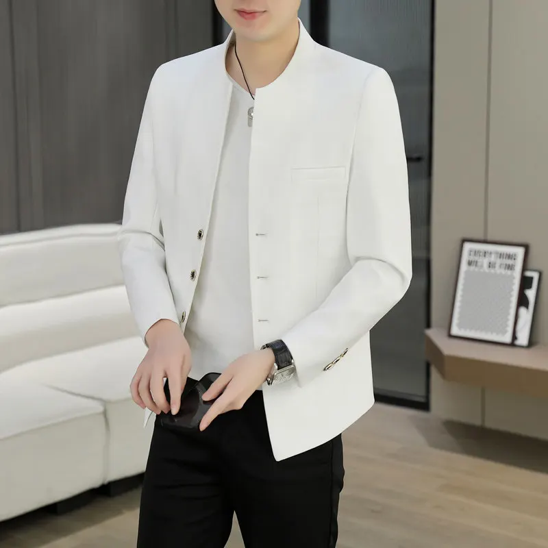 

Весенний повседневный мужской костюм-пиджак в корейском стиле с воротником-стойкой, приталенный, модный, дышащий, немнущийся